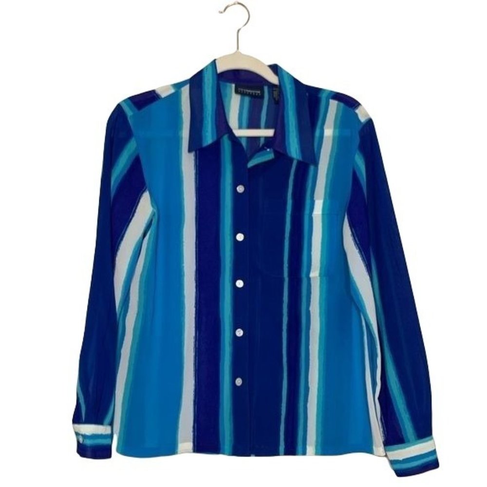 Vintage Liz Claiborne Top Blue Striped Button Front Collared Size Small Sz S